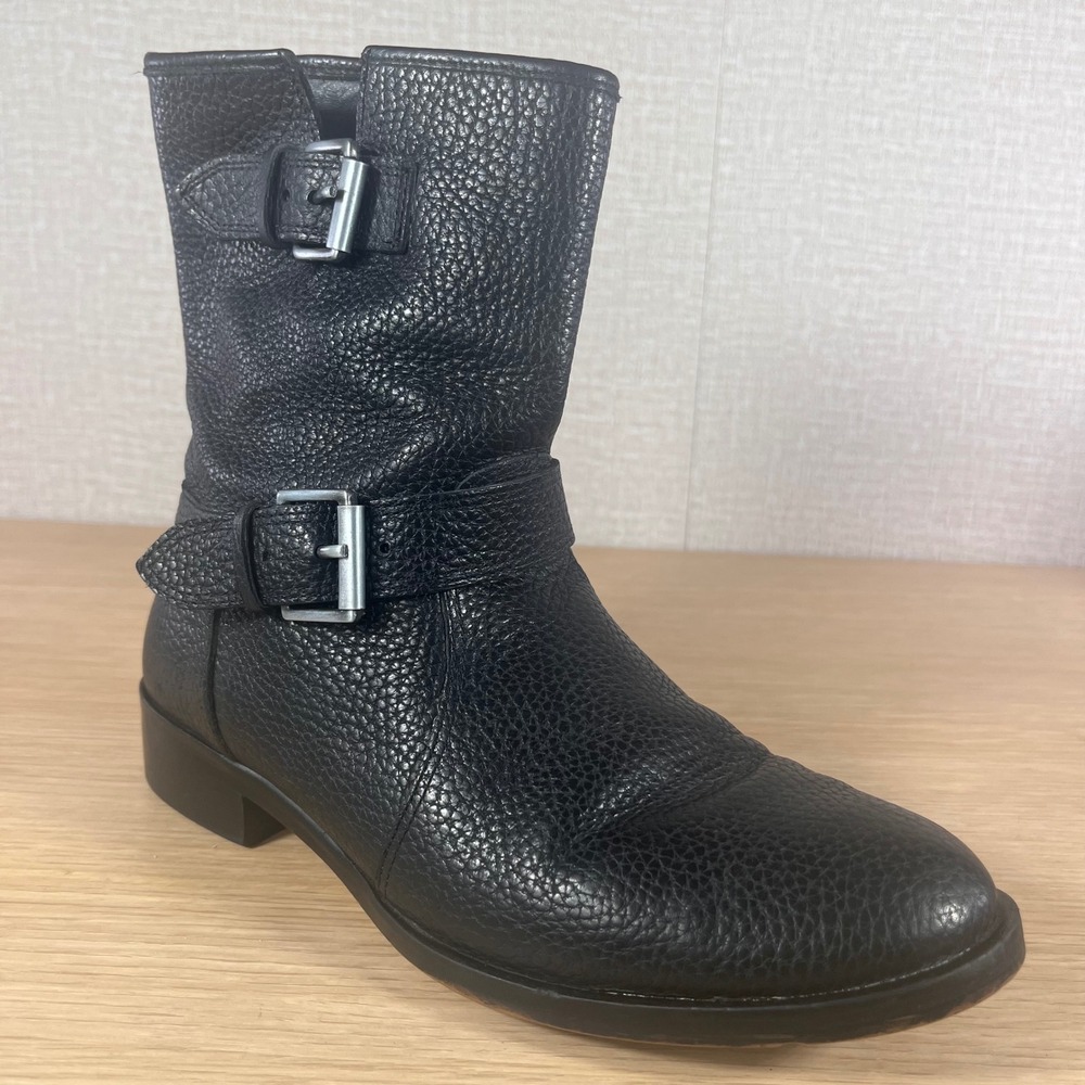 J.Crew Womens Black Pebbled Leather Moto Buckle Boots Size 7.5 Made in Brazil